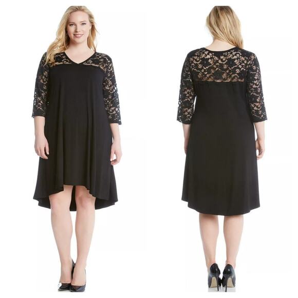 Karen Kane Dresses & Skirts - Karen Kane Swing Midi Dress 2X Black Knit Lace Yoke Long Sleeve Whimsigoth Boho